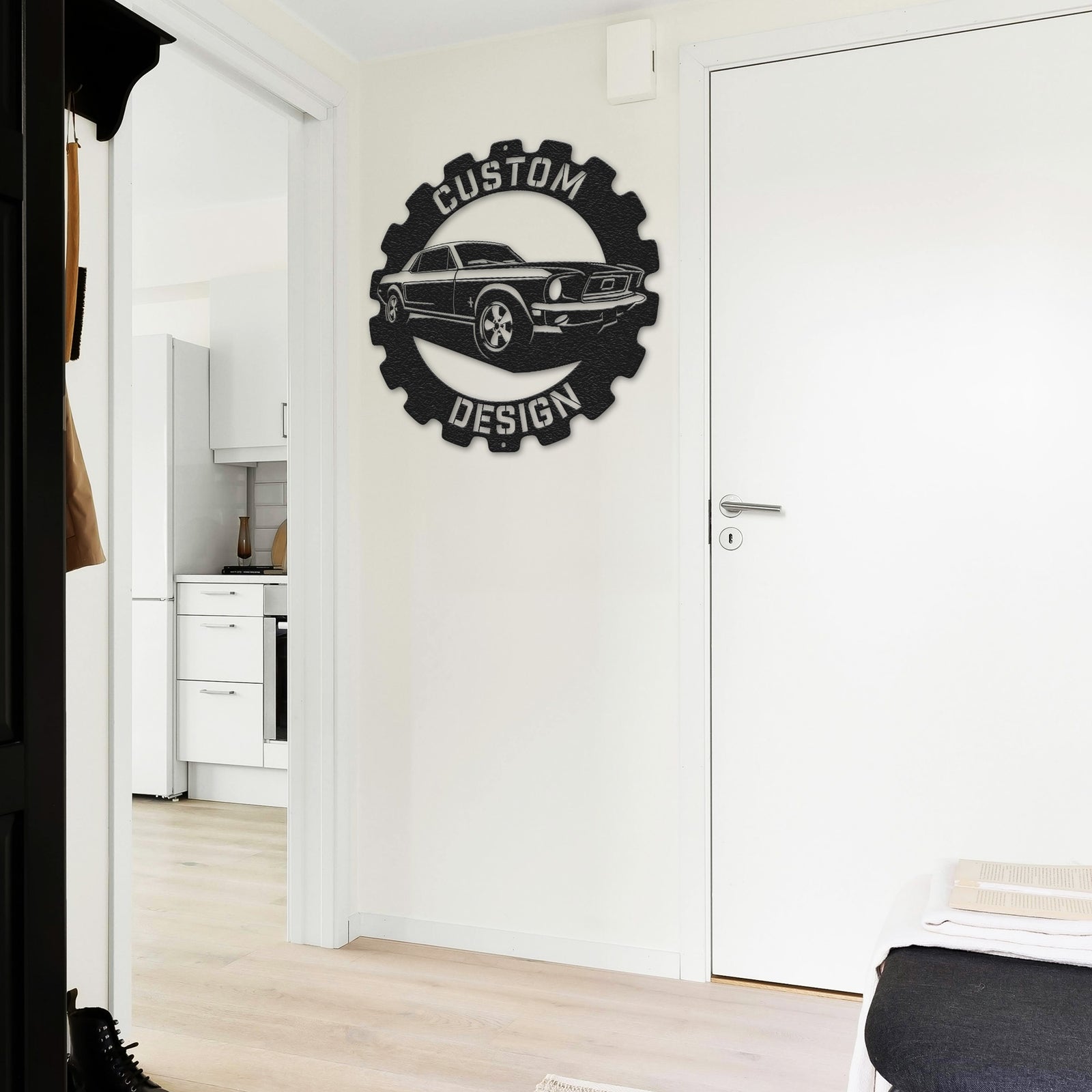 a white room with a black and white car on the wall