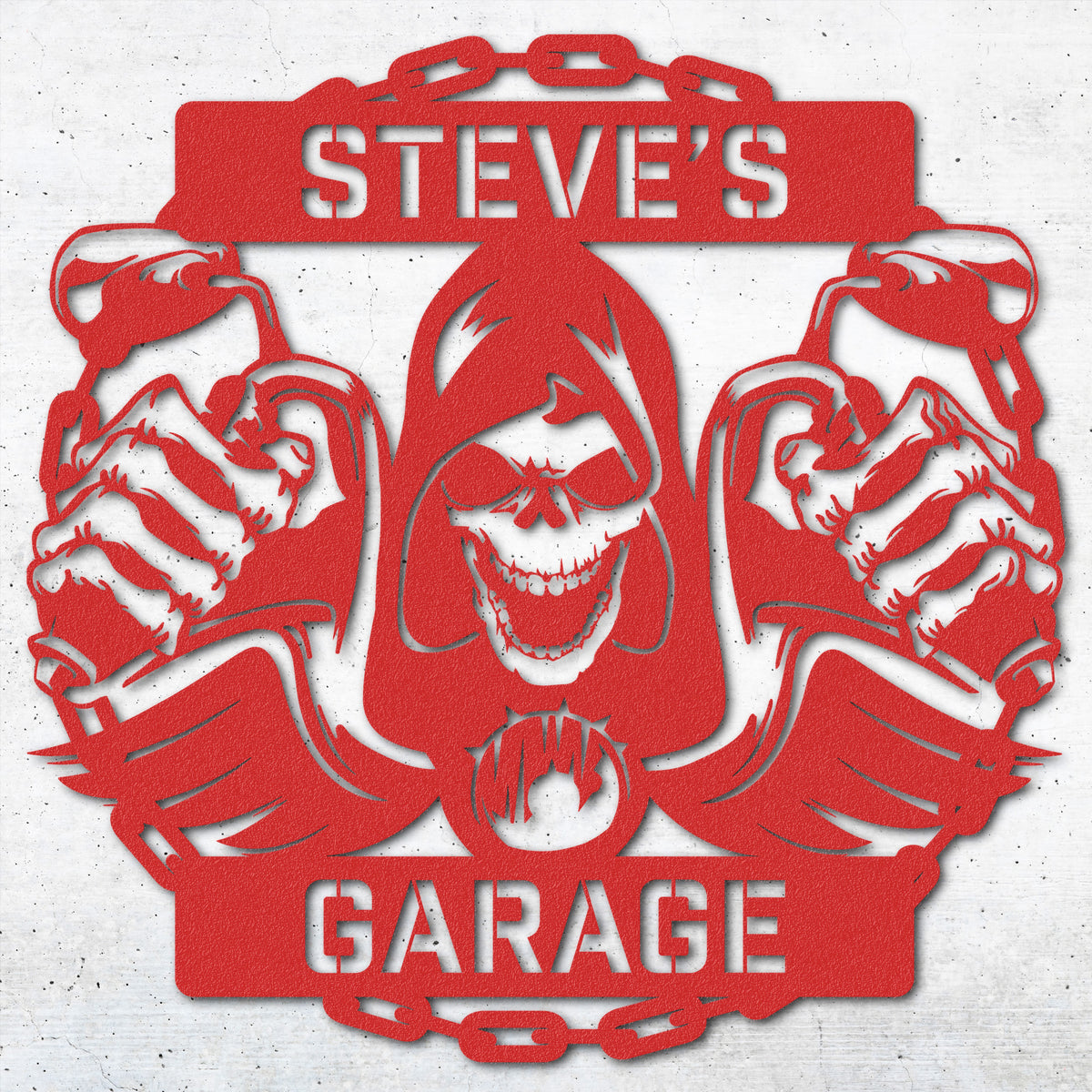 a red sign that says steve&#39;s garage