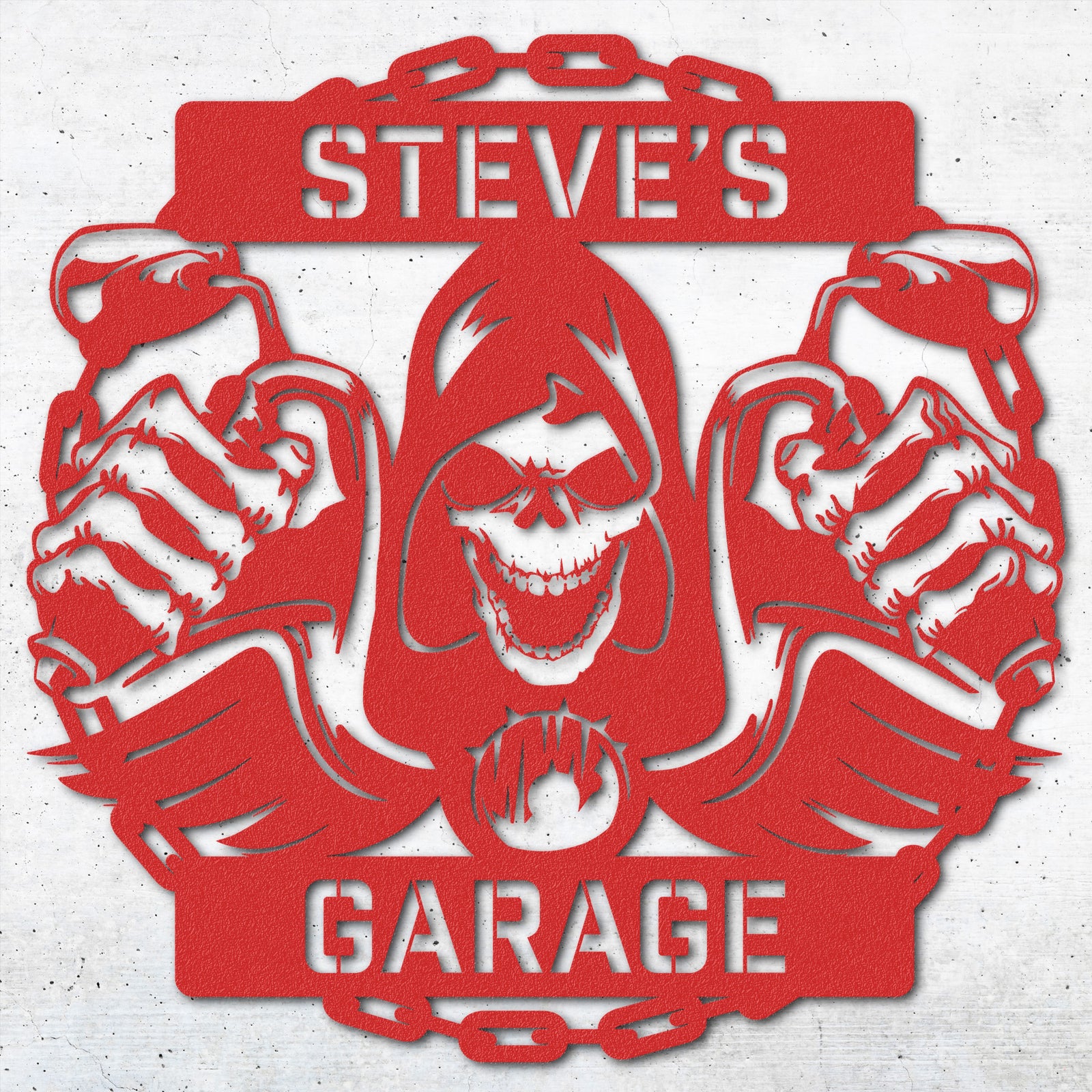 a red sign that says steve's garage