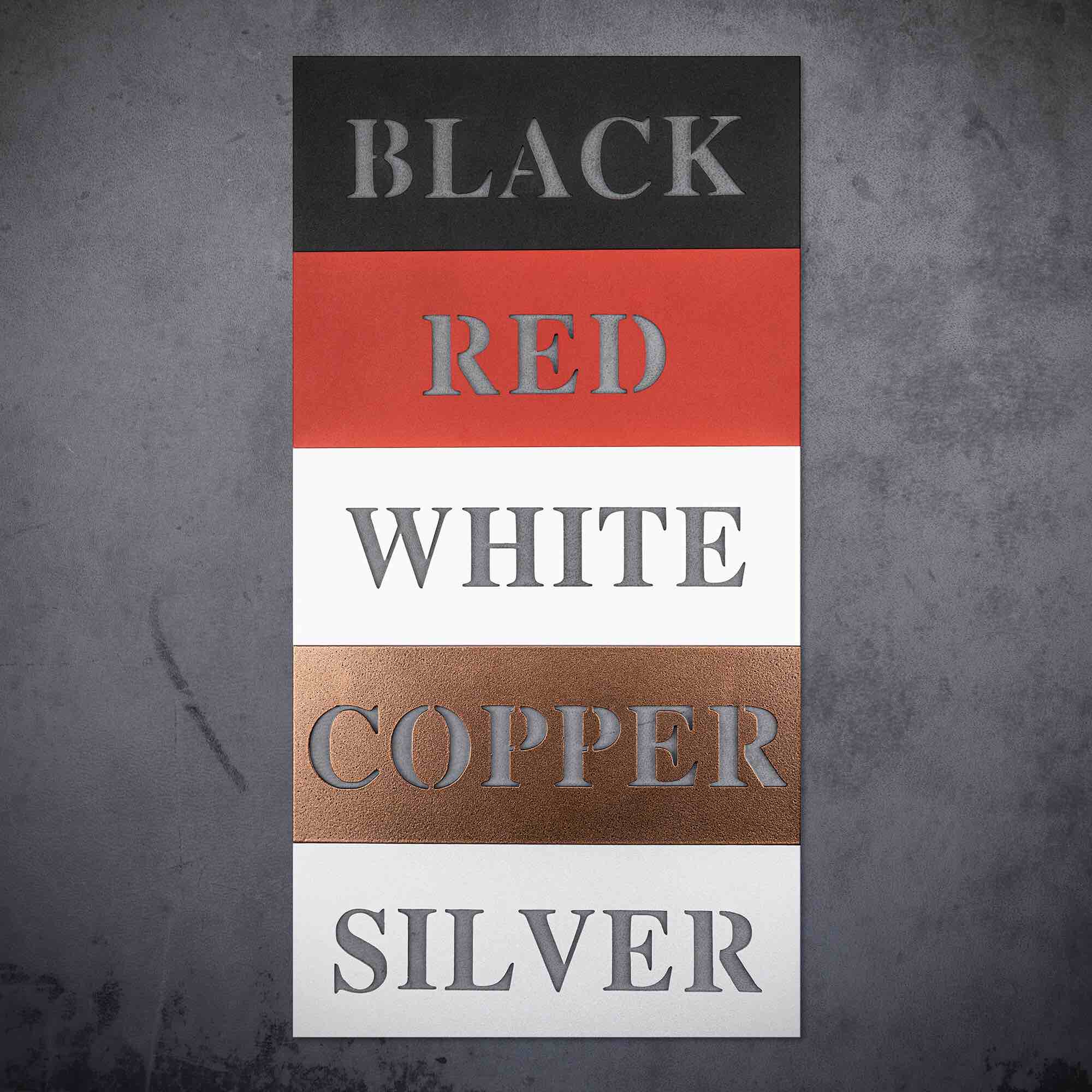 a black, red, white, copper and silver sign