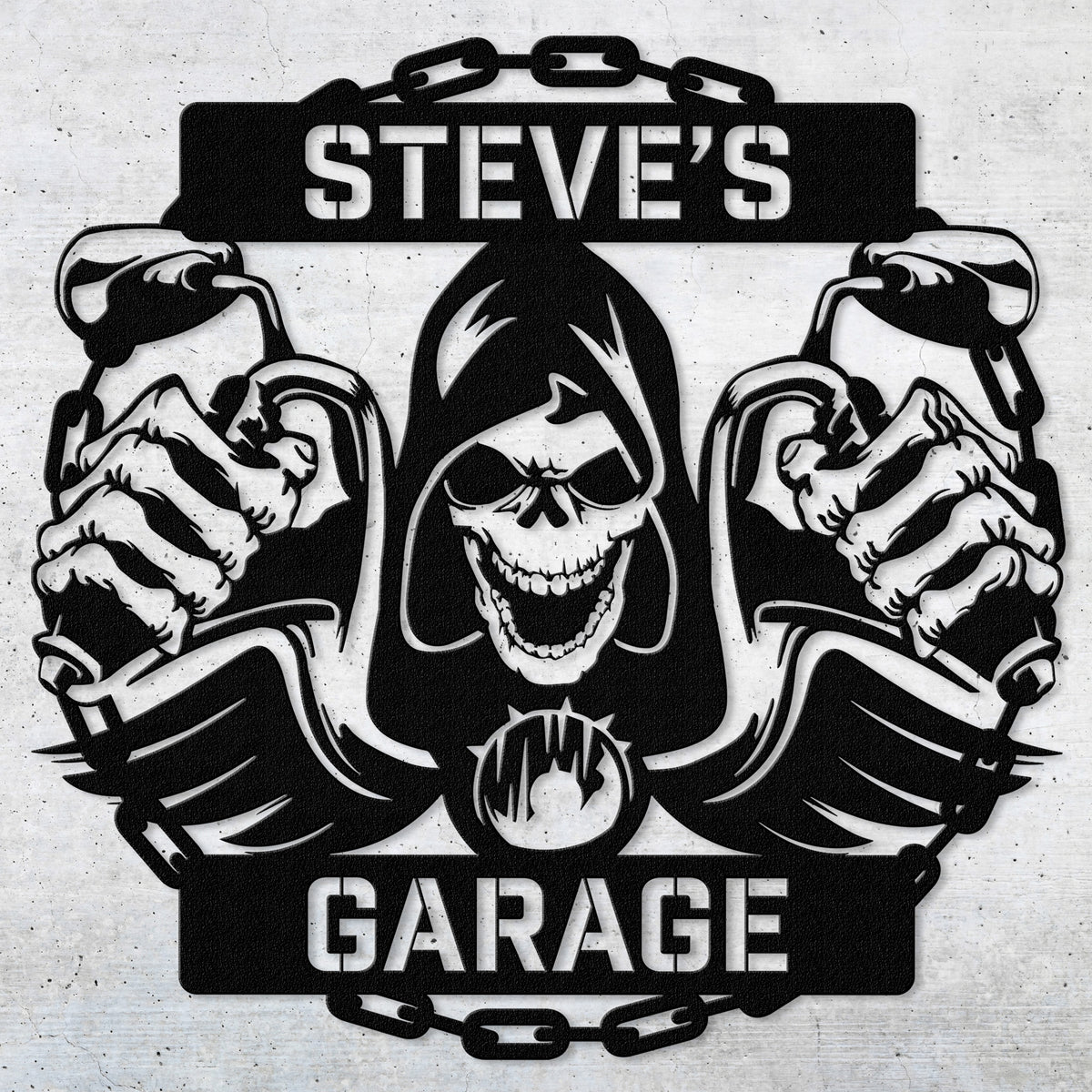 a black and white image of a skeleton holding a wrench