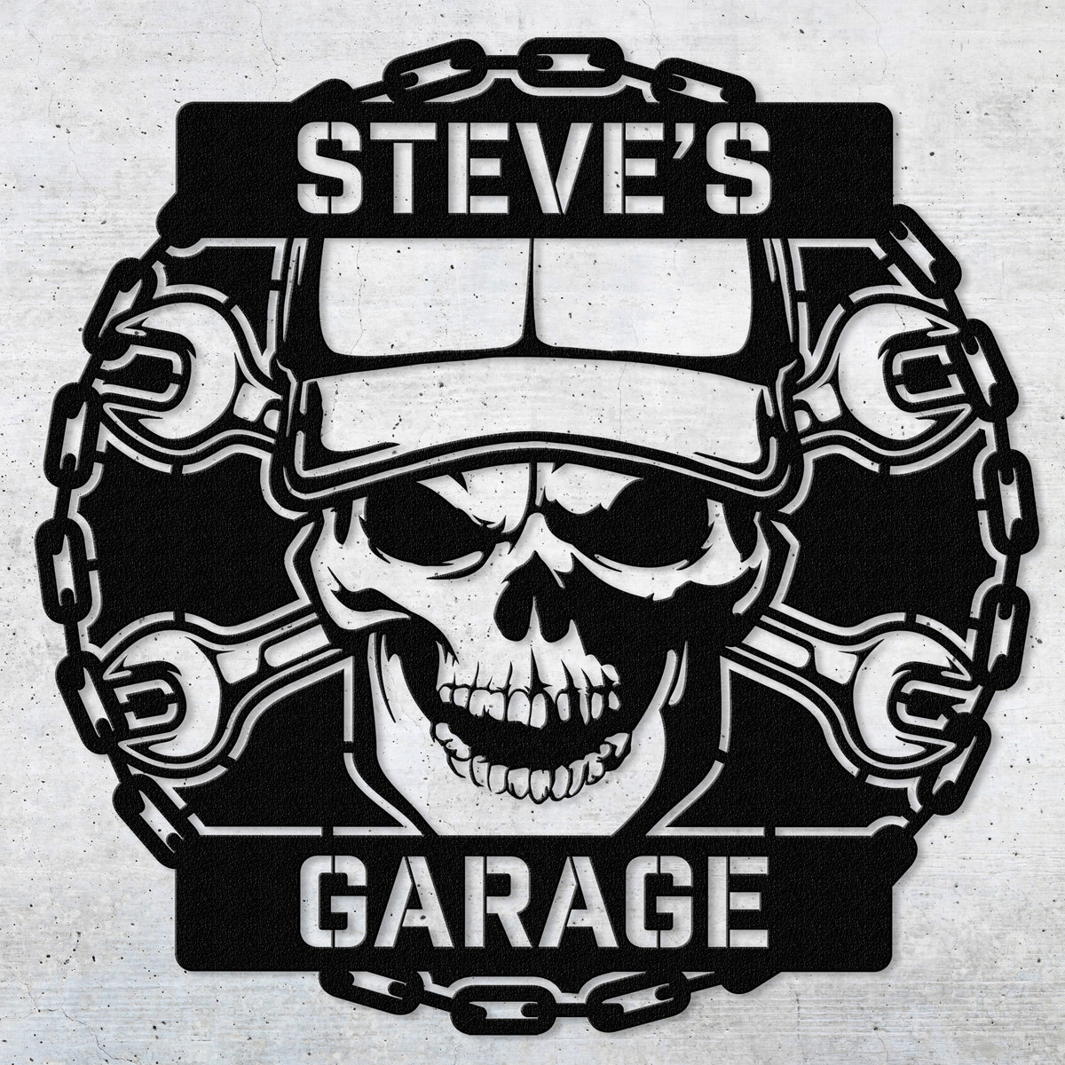 a black and white picture of a skull wearing a helmet and wrenches