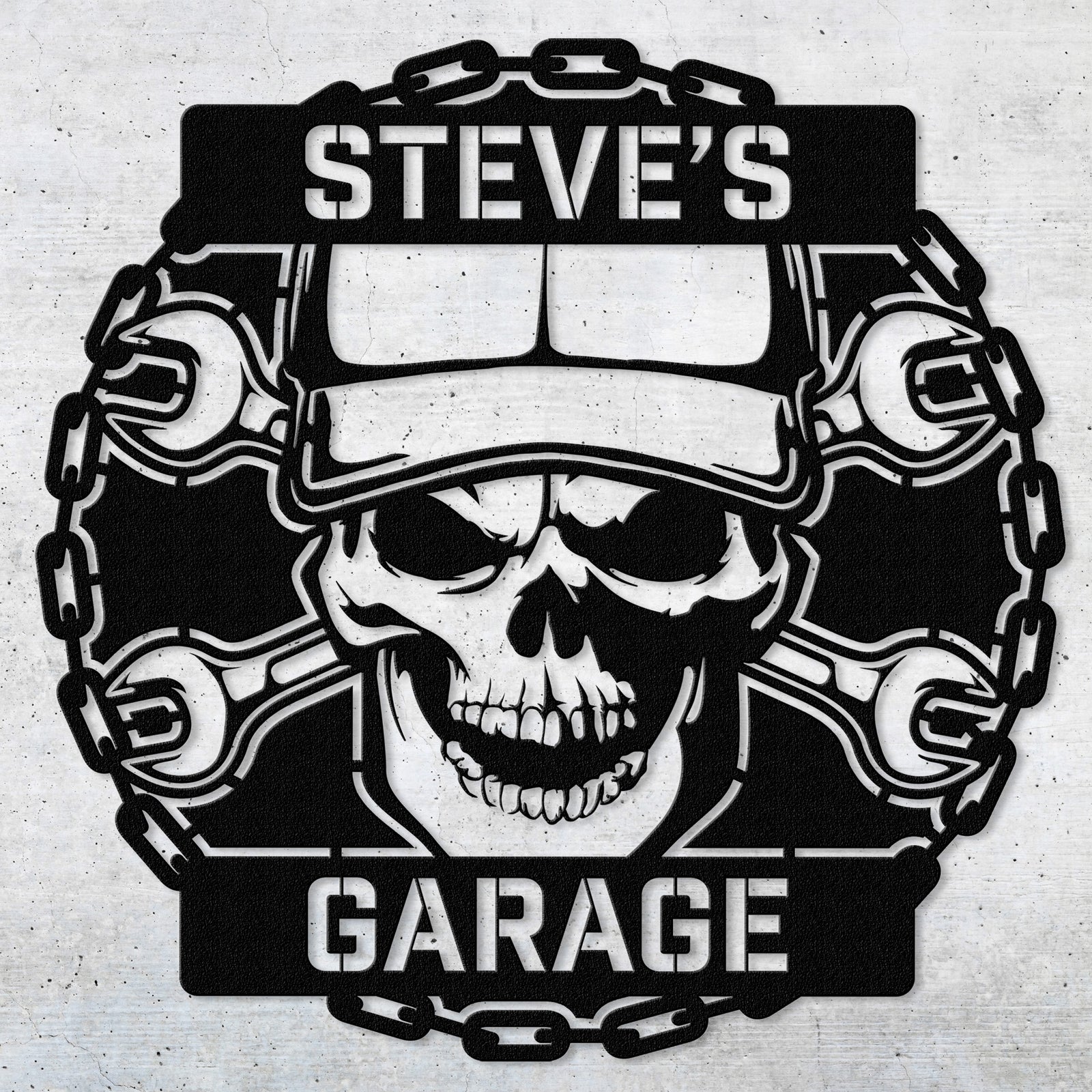 a black and white picture of a skull wearing a helmet and wrenches