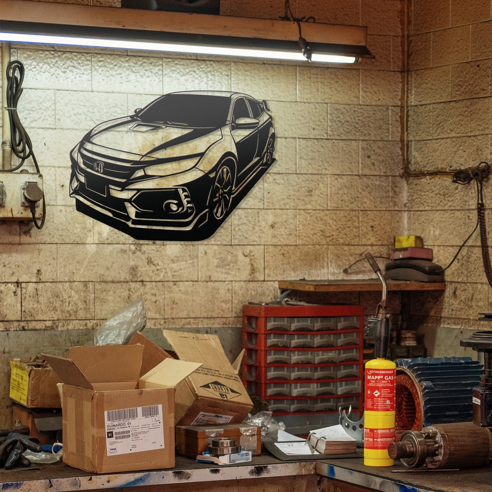 a picture of a car on a wall in a garage