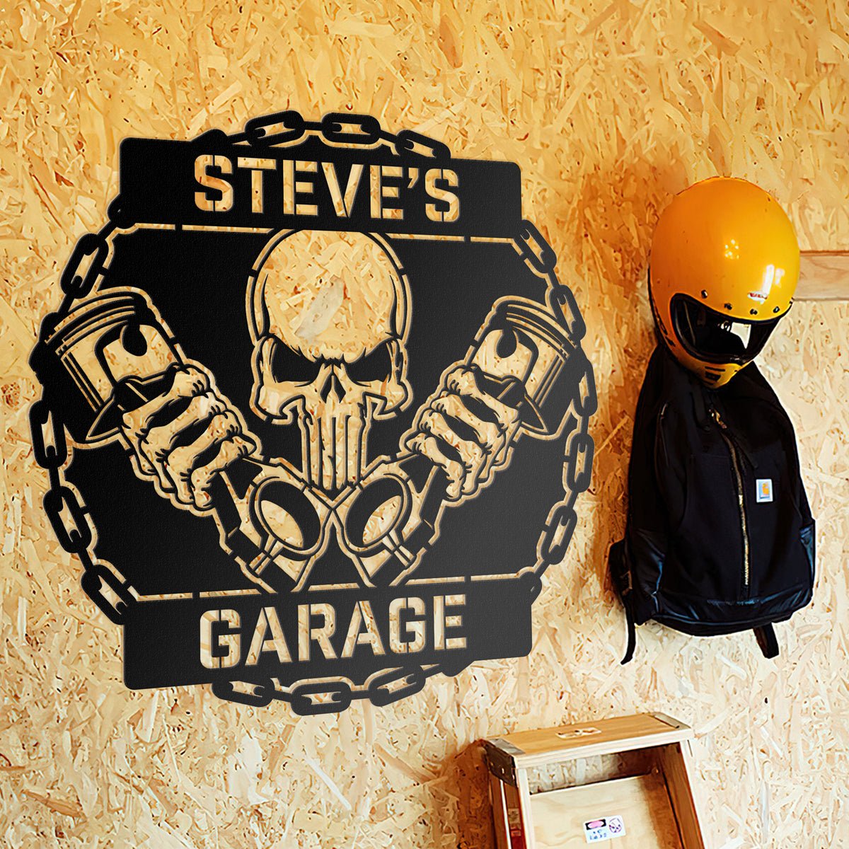 a motorcycle helmet and helmet on a wall