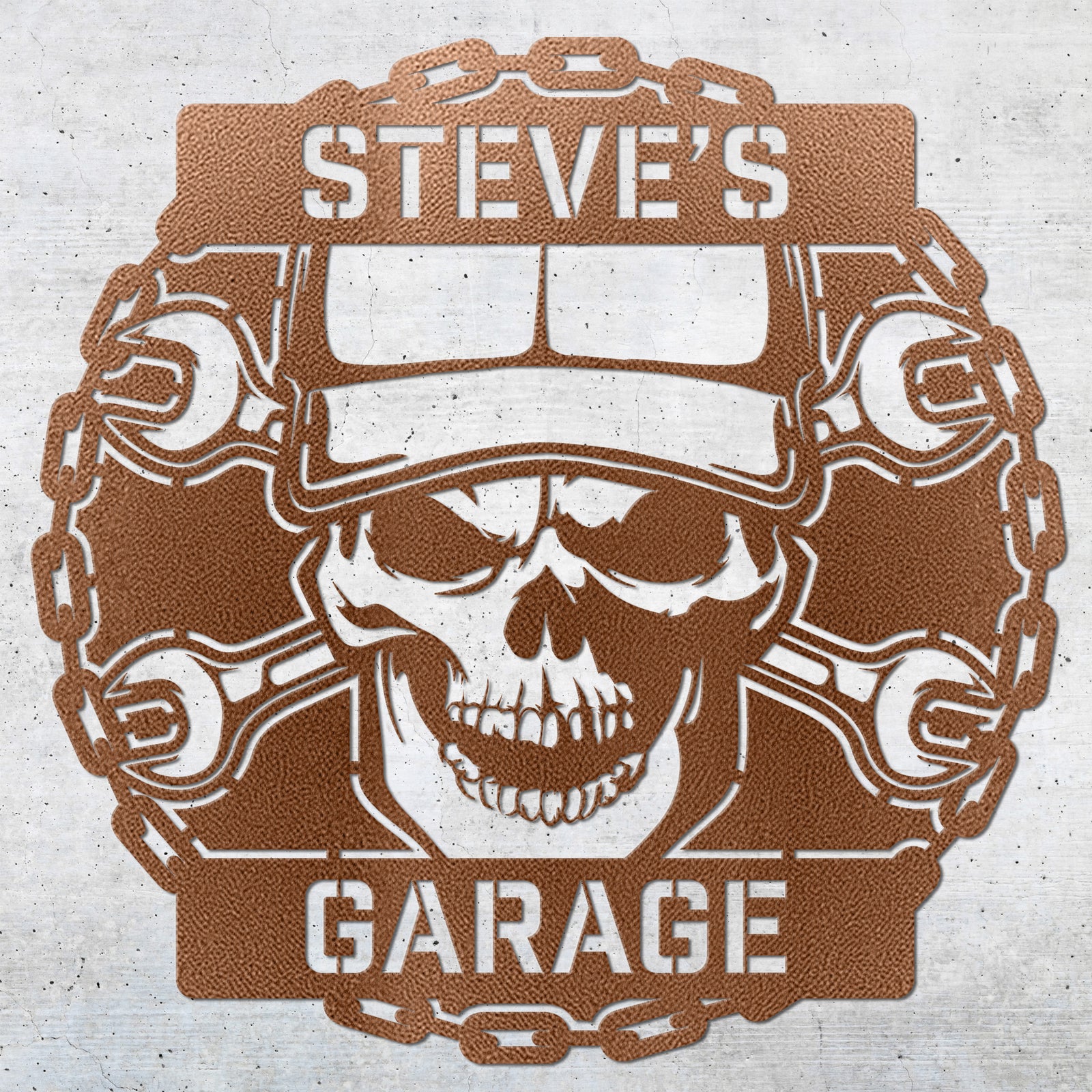 a picture of a skull wearing a helmet and wrenches