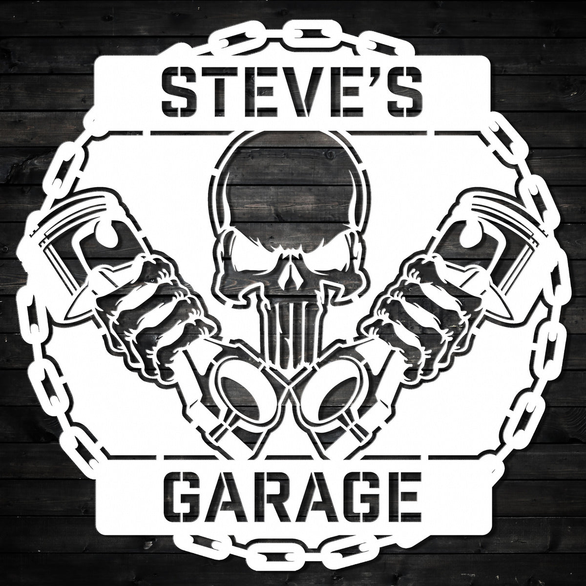 a sticker that says steve's garage with a skull holding two mugs