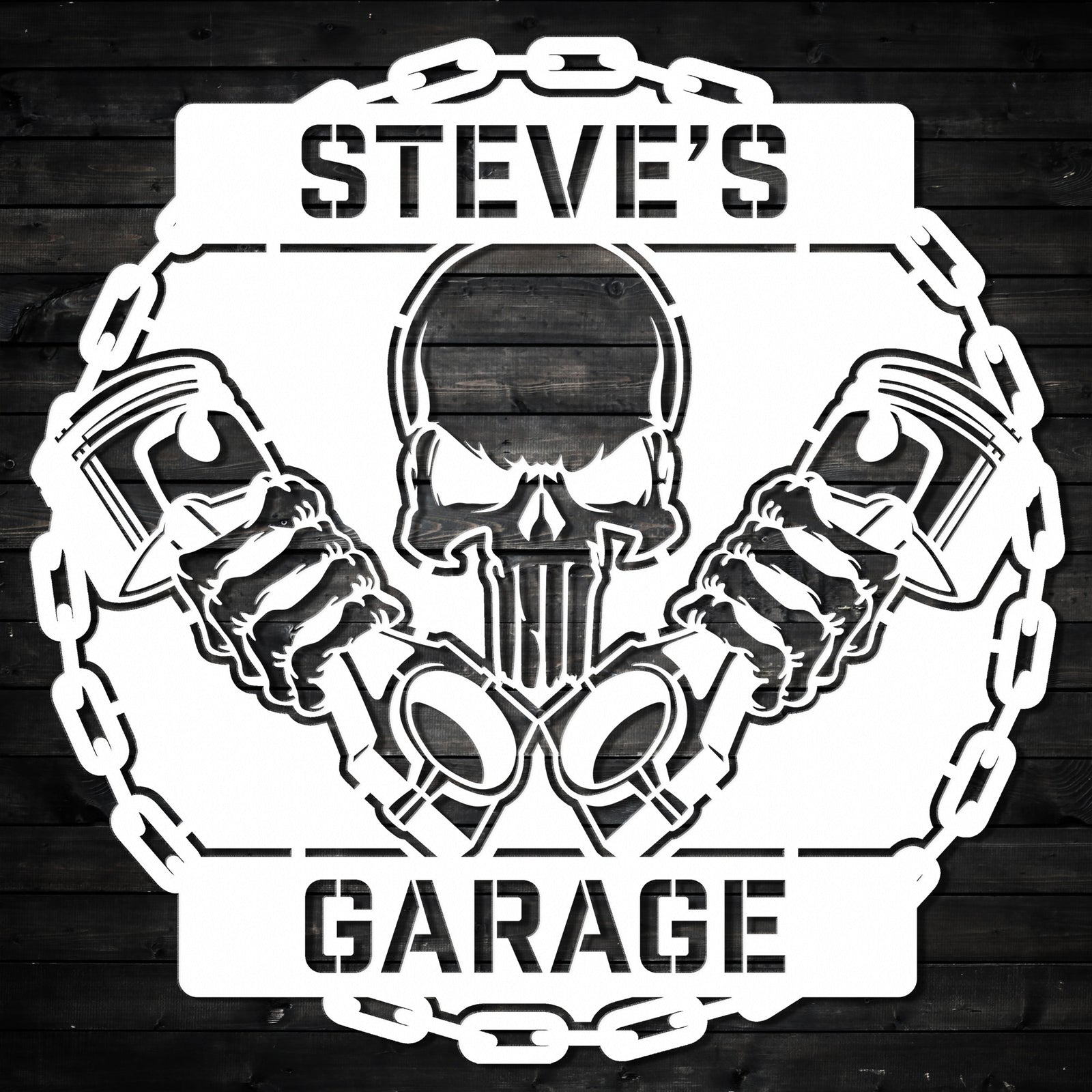a sticker that says steve's garage with a skull holding two mugs