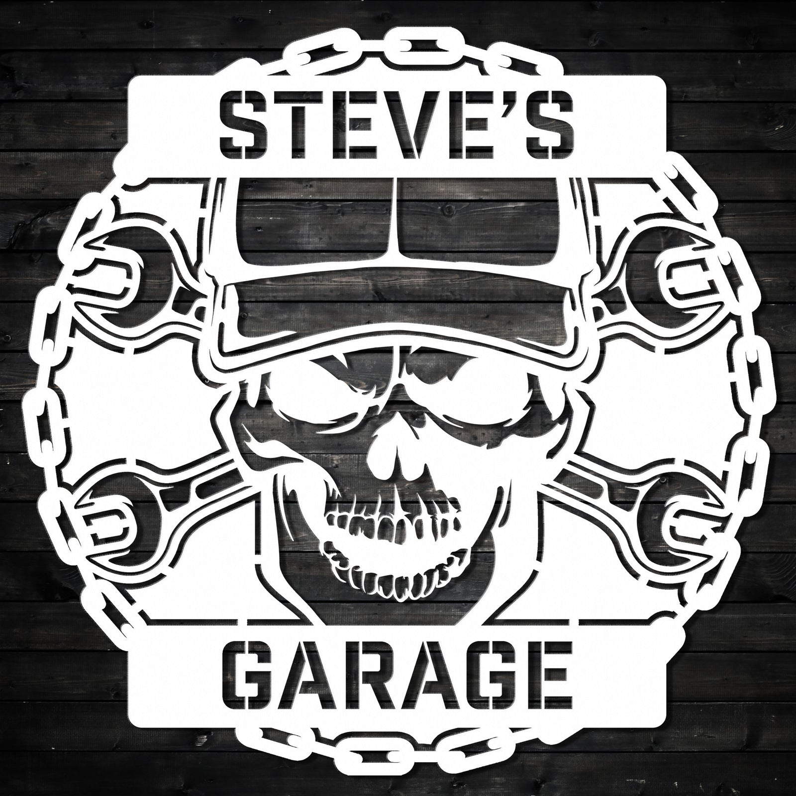 a skull wearing a helmet and wrenches with the words steve's garage