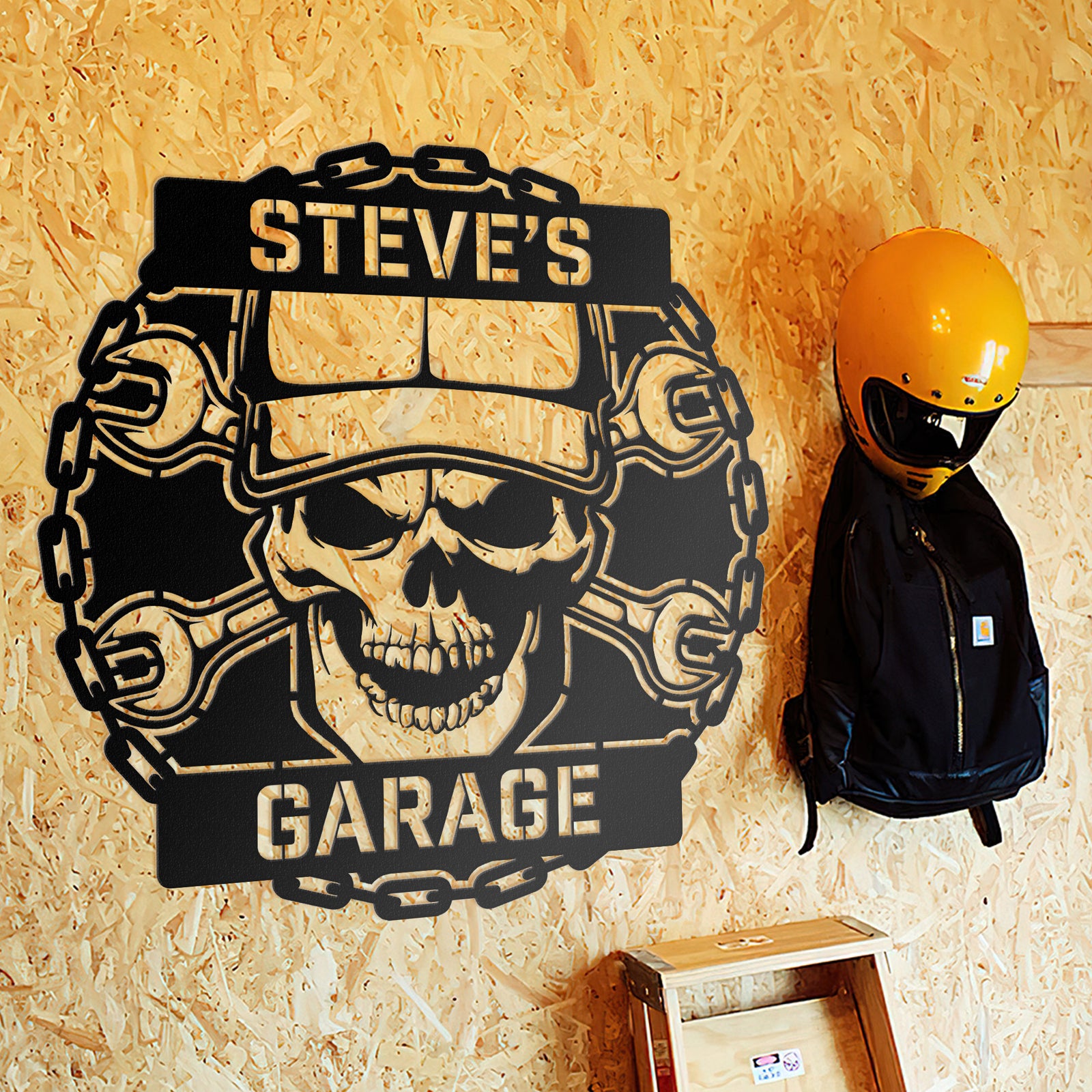 a garage sign with a skull wearing a helmet