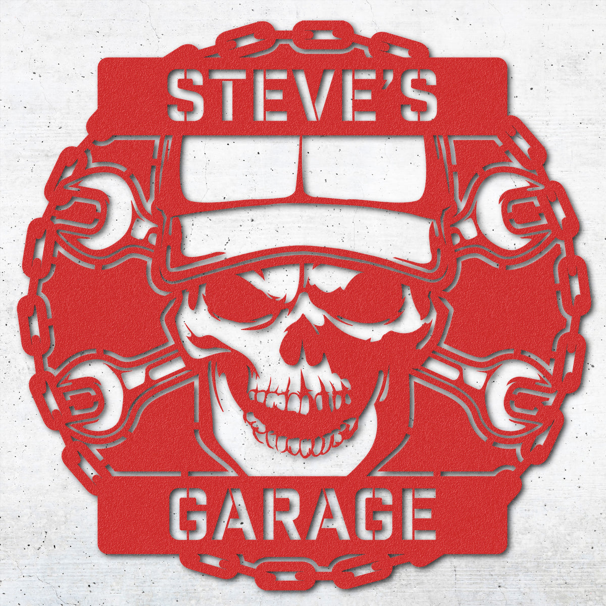 a red sign with a skull and wrenches on it