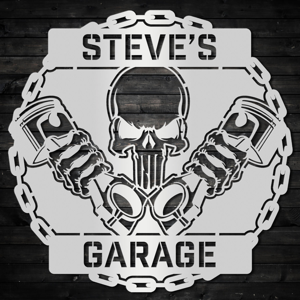 a sign that says steve's garage with a skull holding two mugs