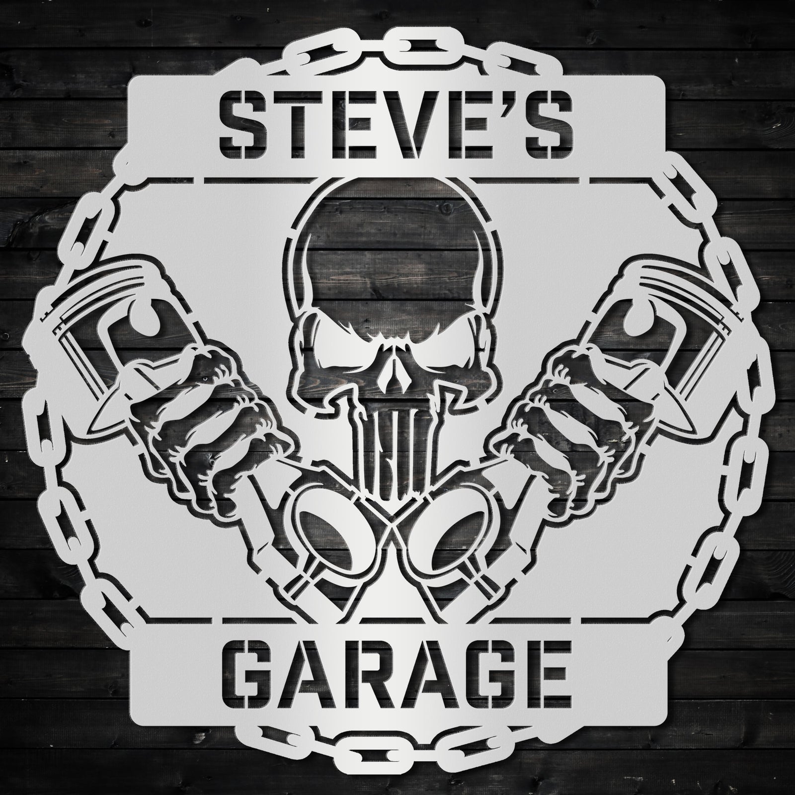a sign that says steve's garage with a skull holding two mugs