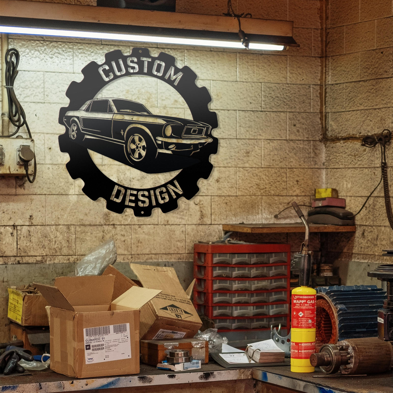 a garage with a sign that says custom design