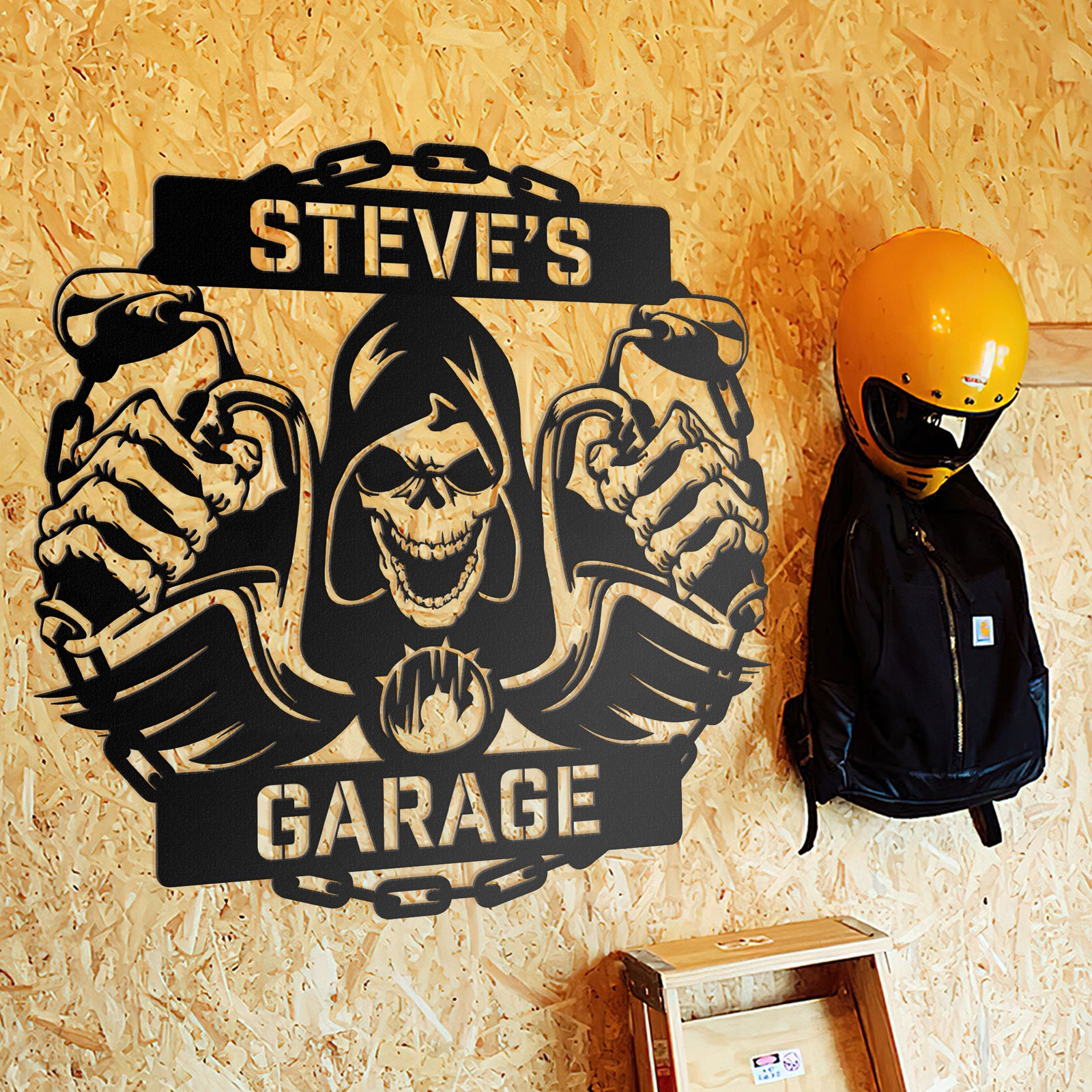 a helmet and a sign on a wall that says steve's garage