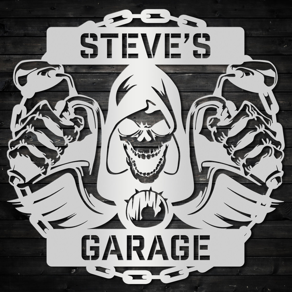 a metal sign that says steve&#39;s garage