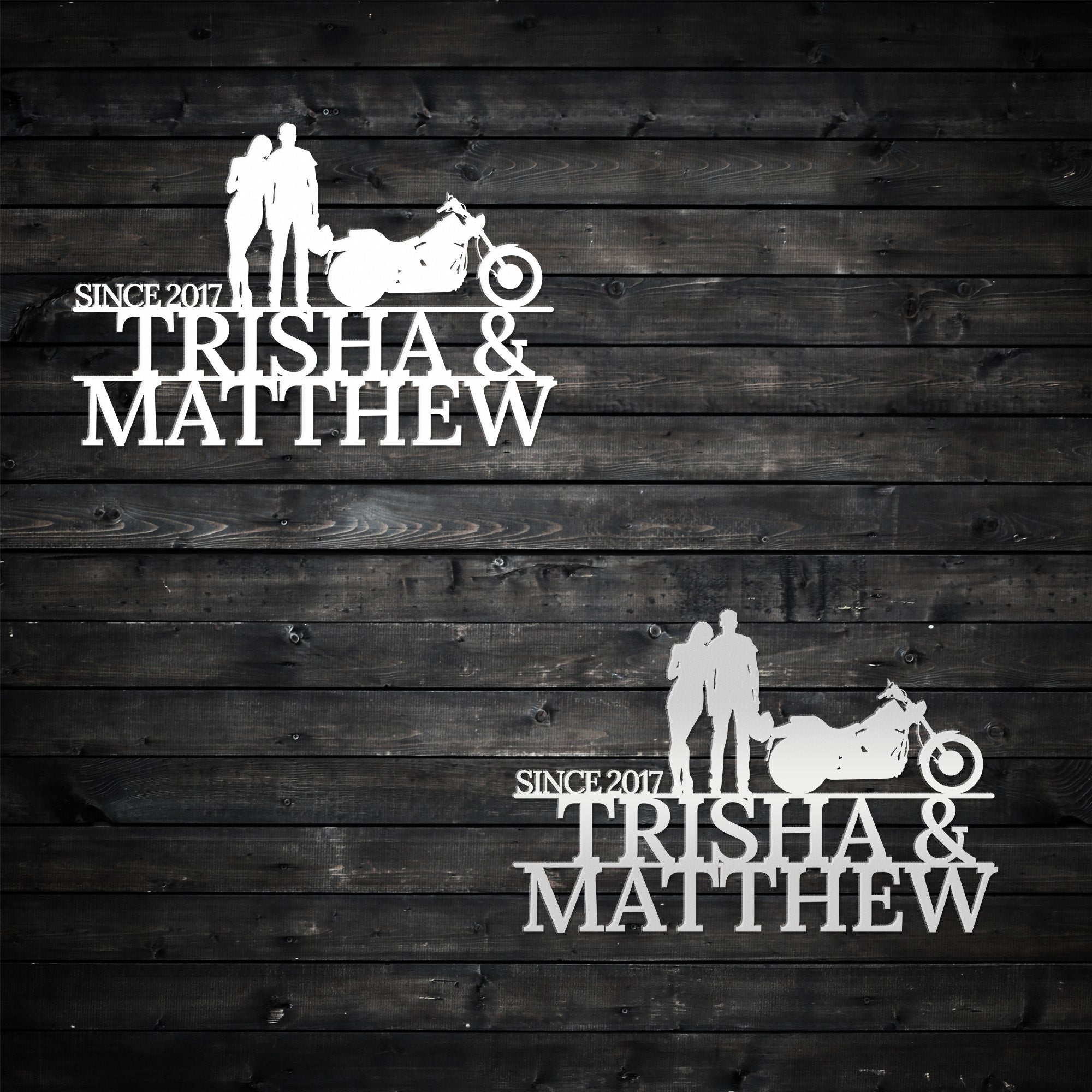 a wooden wall with a sign that says trisha and matthew