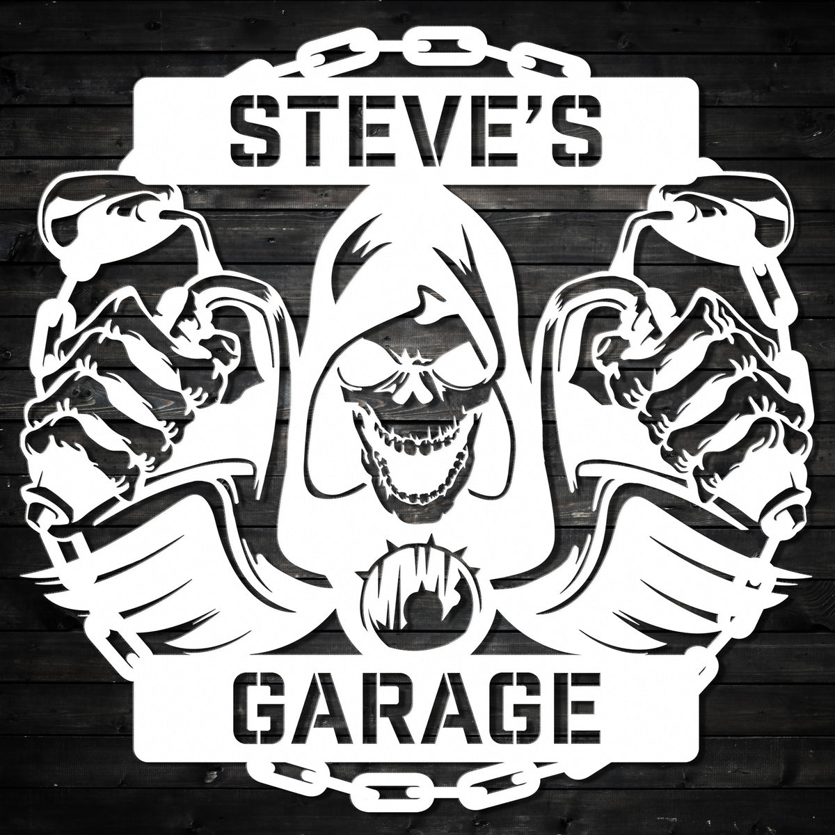 a black and white photo of a garage sign