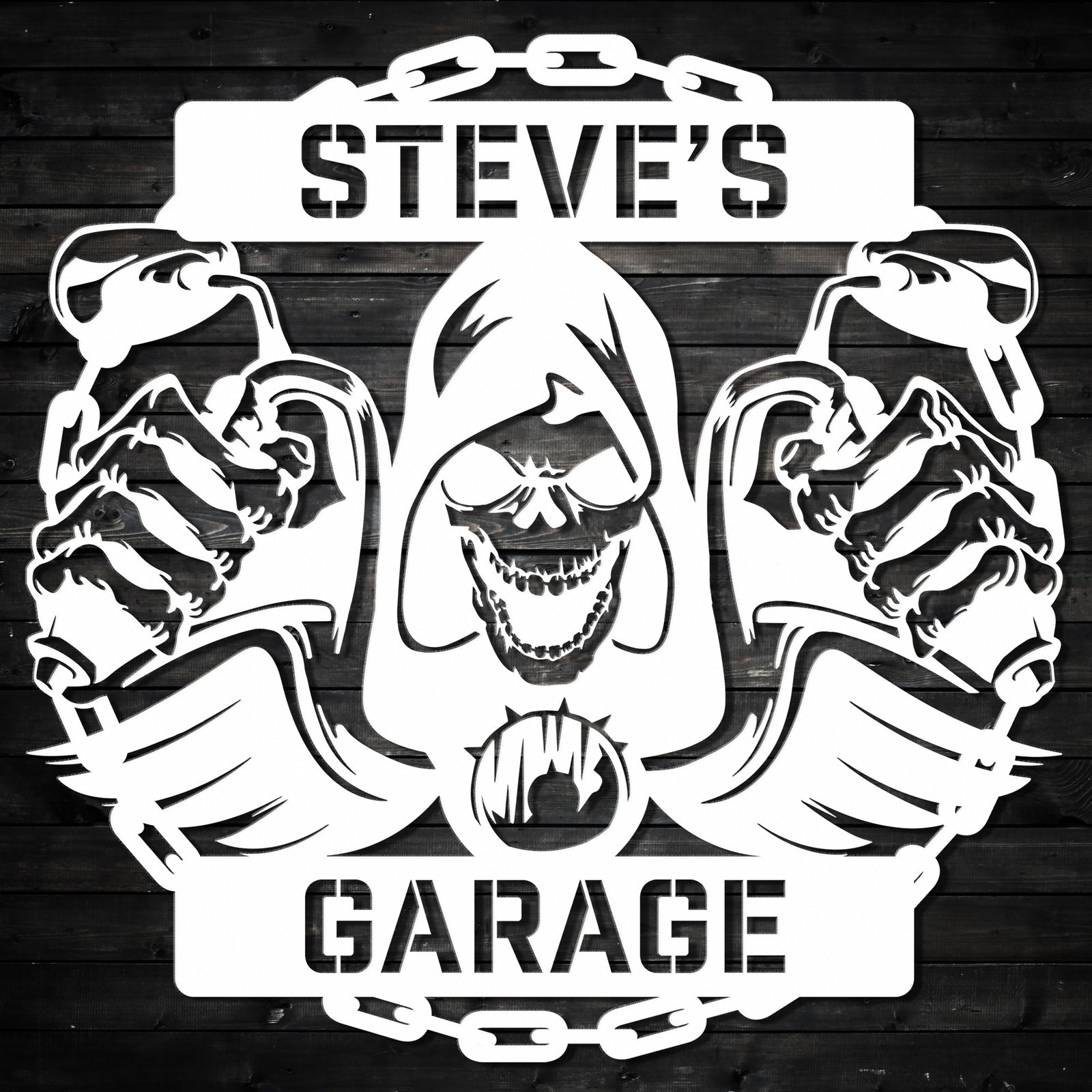 a black and white photo of a garage sign