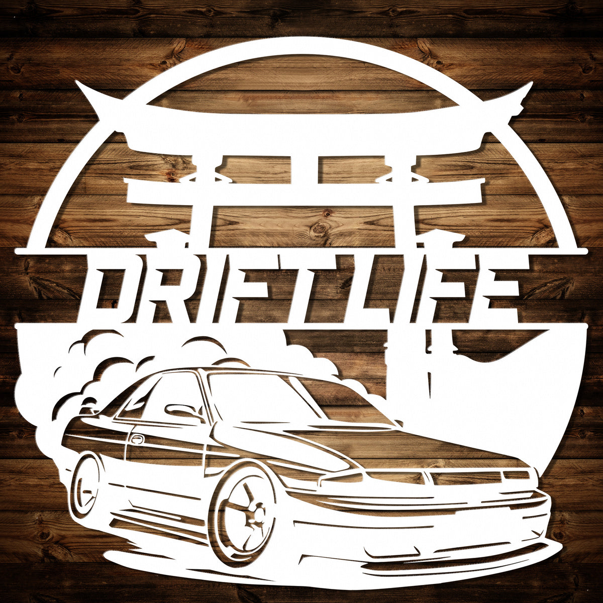 a drawing of a car on a wooden background