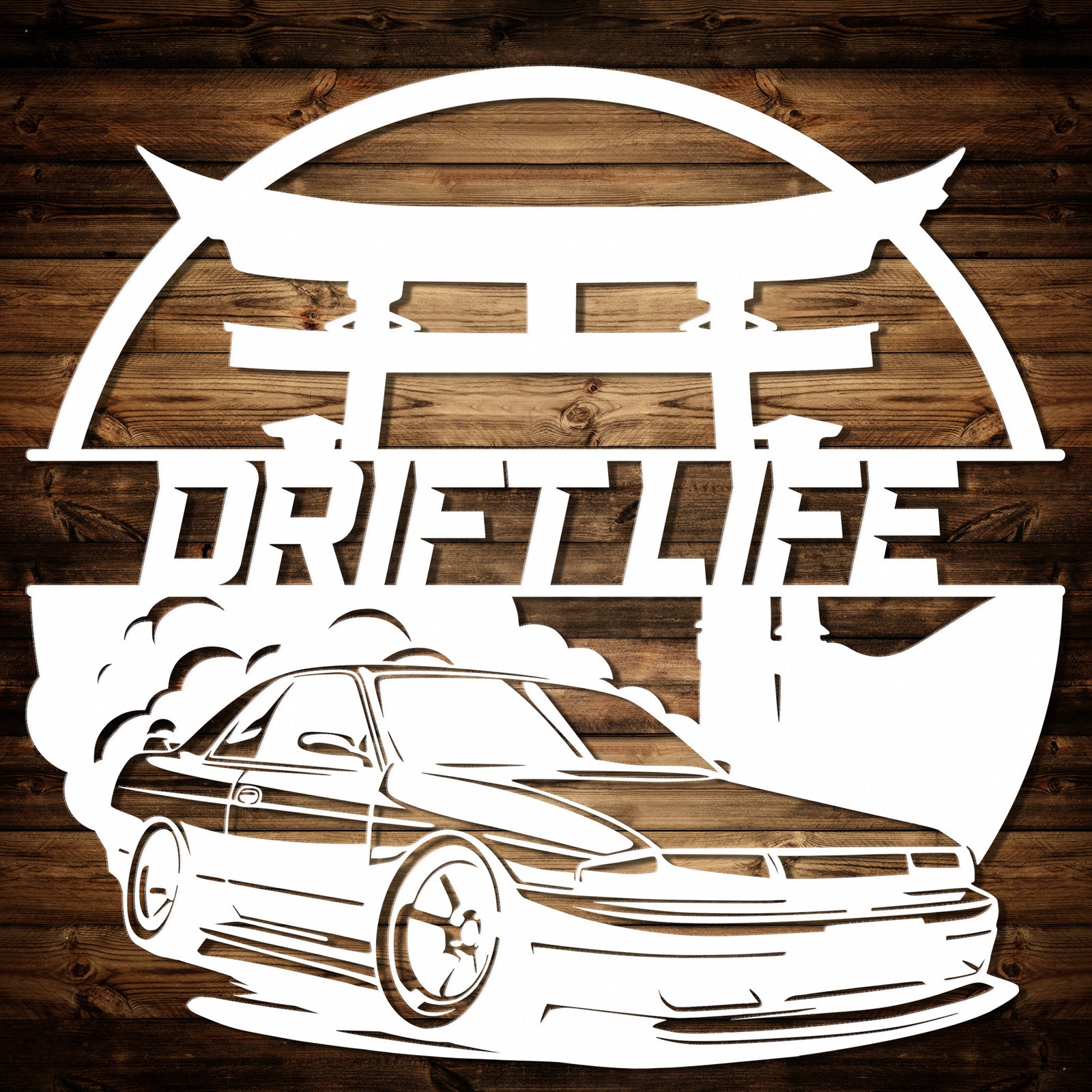 a drawing of a car on a wooden background