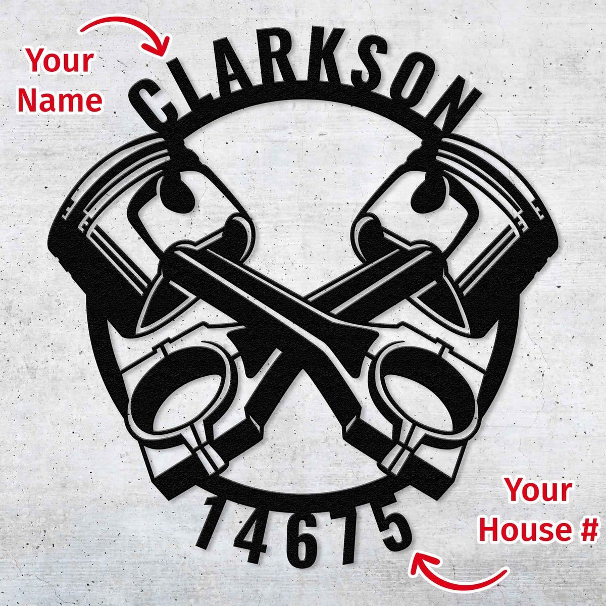 Cross Pistons - Personalized Metal Home Address Sign Wall Art - Throttle Mania